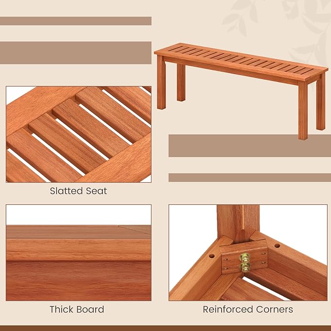 HAPPYGRILL Outdoor Solid Wood Bench, Backless Dining Bench with Slatted Seat, 2-Person Garden Seat for Patio, Porch, Backyard, Poolside, 705 LBS Weight Capacity (1)
