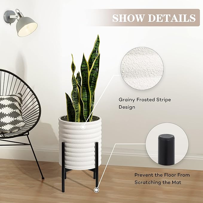 Oakrain Plants Pots with Stand, Set of 2 Indoor Planter Pots, Mid-Century Decorative Metal Flower Pots with Drainage for Living Room, Office, Garden, Balcony, 8"&10", White