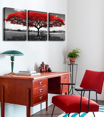 Tree of Life Canvas Wall Art for Living Room 3 Piece Red Tree Pictures for Bedroom Wall Decor Black and White Nature Scenery Painting Prints Modern Home Artwork Framed 12x16 Inch