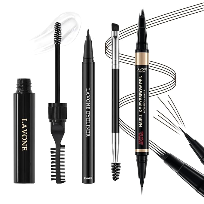 Microblading Eyebrow Pen Kit - Waterproof Brow Makeup Set with Eyebrow Pencil, Eyebrow Gel Clear, Eyeliner, Dual-ended Eyebrow Brush, Natural Looking Brows with Long-Lasting All-Day Hold - Ebony