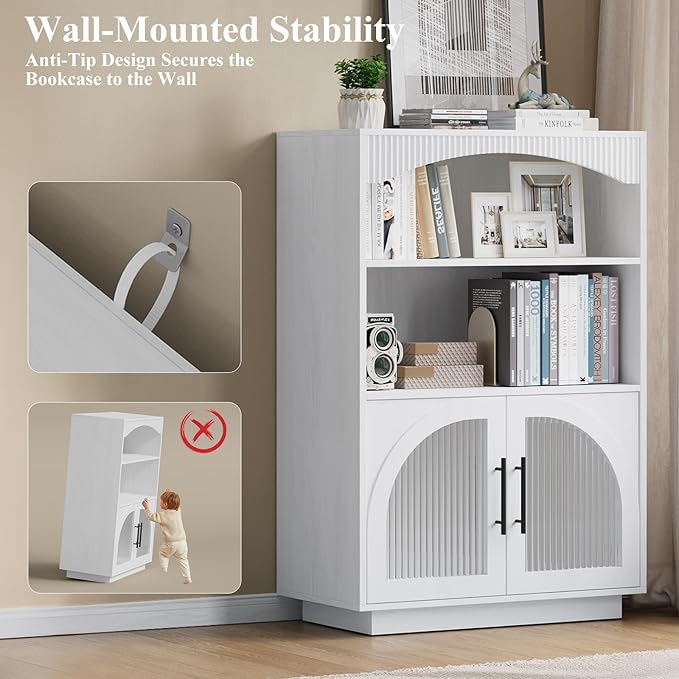 46" Bookshelf with Doors, White Bookcase with Glass Door, 3 Tier Small Bookshelf w/Deep Storage Cabinet and Adjustable Shelves, Wood Standing Mid Century Book Shelf for Home Office Kitchen