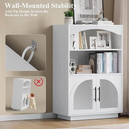 46" Bookshelf with Doors, White Bookcase with Glass Door, 3 Tier Small Bookshelf w/Deep Storage Cabinet and Adjustable Shelves, Wood Standing Mid Century Book Shelf for Home Office Kitchen
