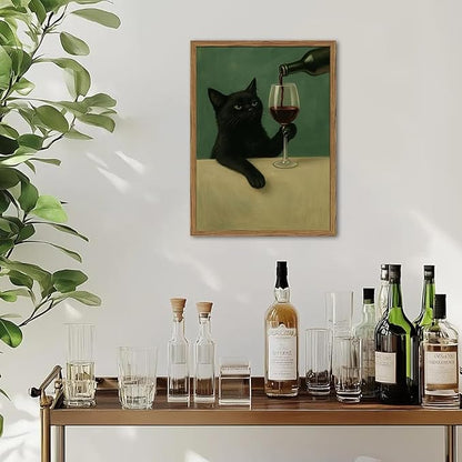 Funny Black Cat Wall Art Moody Black Cat with Wine Glass Wall Decor Whimsical Animal Bar Cart Poster Canvas Prints for Living Room Bedroom 12x16 inch Wood Framed