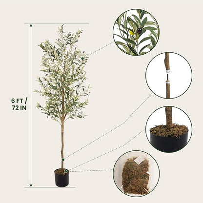 Artificial Fake Olive Tree 6FT Tall 2Pack Faux Silk Olive Tree for Home Living Room Office Decor Faux Artificial Plants Indoor Fake Potted Plants with Fruit & Free Moss