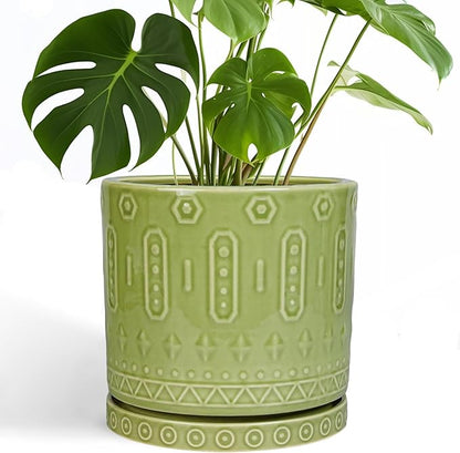 Ceramic Pot for Plants - 10 Inch Indoor Plant Pots with Drainage Holes and Saucer, Boho Round Planter Outdoor, Decorative Large Planter for Flower, Living Room Decor, Garden Gifts, Green