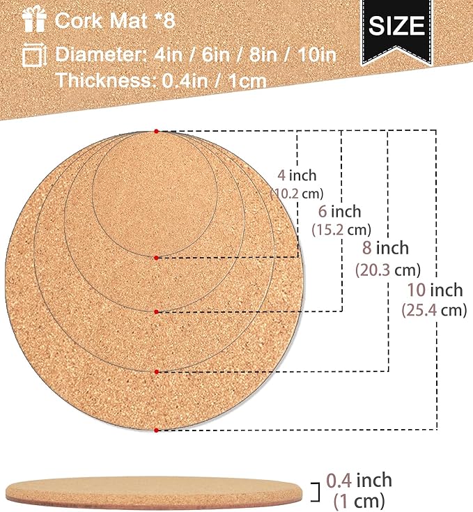 Cork Plant Coasters, 4 Sizes Double Layers Hard Thick Planter Coaster, 4/6/8/10 Inch Absorbent Mats, Cork Trivets for Hot Dishes, Coasters for House Plants, 8 Pcs