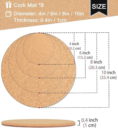 Cork Plant Coasters, 4 Sizes Double Layers Hard Thick Planter Coaster, 4/6/8/10 Inch Absorbent Mats, Cork Trivets for Hot Dishes, Coasters for House Plants, 8 Pcs