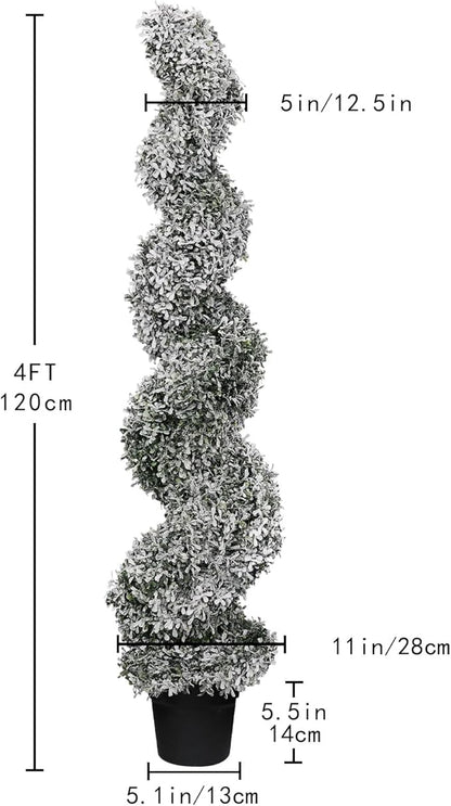THE BLOOM TIMES 4ft Snow Flocked Spiral Topiary Trees Artificial Outdoor Set of 2, 48" Faux Fake Boxwood Plants for Front Porch Planter, Indoor or Covered Outside Display Christmas Decor 4 Foot