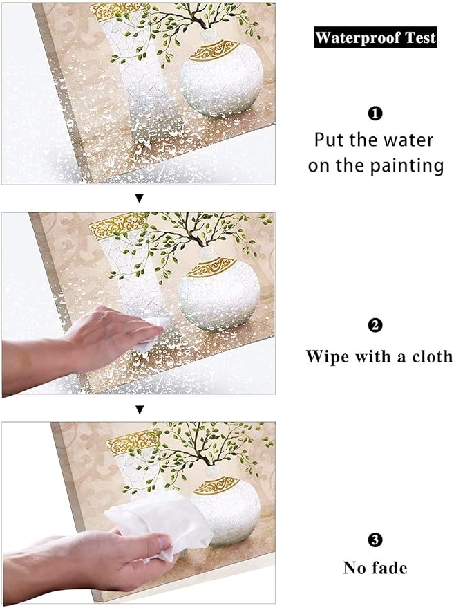 3 Piece Wall Art for Bathroom/Hallway, SZ HD Elegant Canvas Painting Prints of Green Spring Plants in Vases on Beige/Tan Picture (Waterproof Decor, Ready to Hang, 12x12 x3)