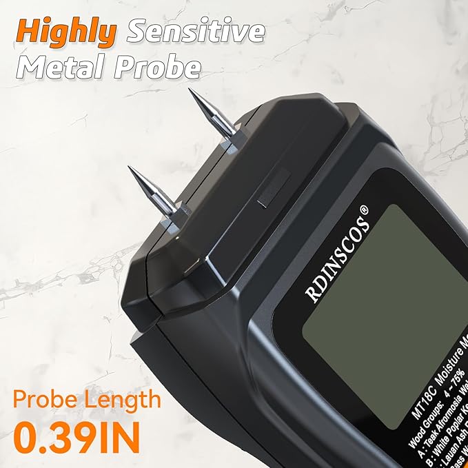 RDINSCOS Moisture Meter for Wood, Drywall, and Building Materials – Digital Moisture Detector with Fixed Pins, 4 Material Modes, LCD Display, for Home Inspection and Firewood Testing