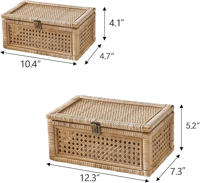 Rattan Box, Boho Decorative Boxes with Lids, Set of 2 Rectangular Wicker Storage Basket, Natural Woven Cane Bins for Home Decor (Rectangular)