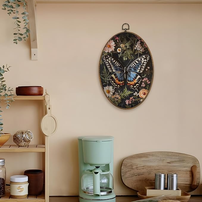 LKETW William Morris Butterfly Floral Oval Wall Art Decor, Vintage Butterfly Botanical Oval Canvas Hanging Decor, Cottagecore Moth Flower Wall Decorations for Home Bedroom Living Room, 8.6x11.4 Inch