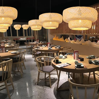 17.8 inch Farmhouse Bamboo Pendant Lighting Handmade Woven Chandelier Beige Bohemian Hanging Light Fixture for Kitchen Island Dining Room Living Room Coffee Restaurant