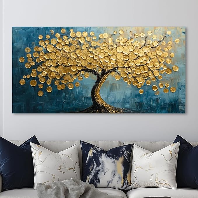 Modern Art Golden Lucky Tree Money Tree Canvas Wall Art Gold Tree of Life Painting Canvas Art Good Luck Money And Wealth Picture Stunning Poster Decorative for Home, Office & Hotel Lobbies, Ready to Hang (20x40 Inches)