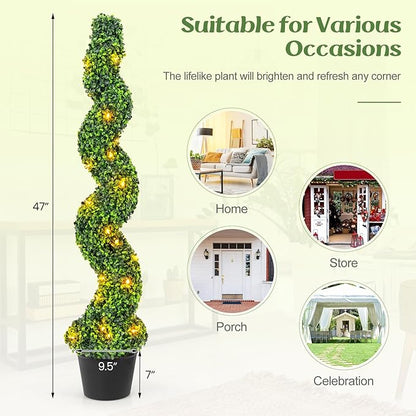 Goplus 4FT Pre-Lit Artificial Spiral Boxwood Topiary Tree, 2 Pack 47” Tall Faux Potted Fake Greenery Plants w/ 100 LED Lights, Nursery Pot, Indoor Outdoor Home Front Porch Holiday Decoration