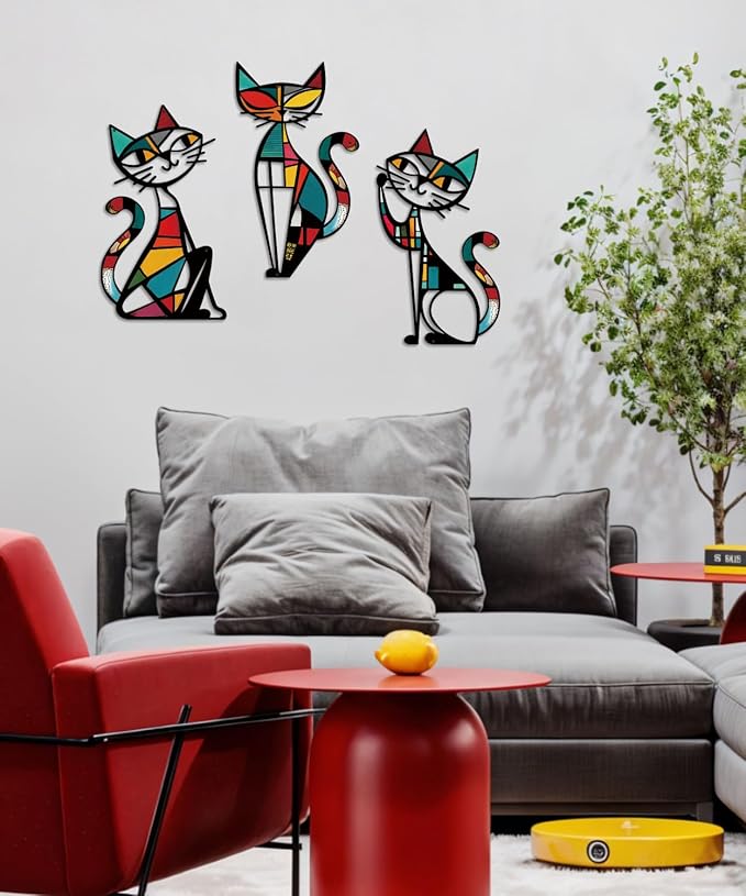 Putuo Decor 3 Pieces Colorful Cat Metal Wall Art, Mid Century Modern Abstract Wall Hanging Sculptures for Cat Lovers Living Room Bedroom Kitchen Hallway Office