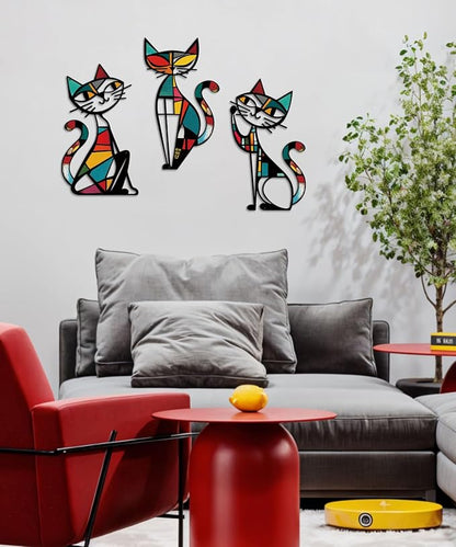 Putuo Decor 3 Pieces Colorful Cat Metal Wall Art, Mid Century Modern Abstract Wall Hanging Sculptures for Cat Lovers Living Room Bedroom Kitchen Hallway Office