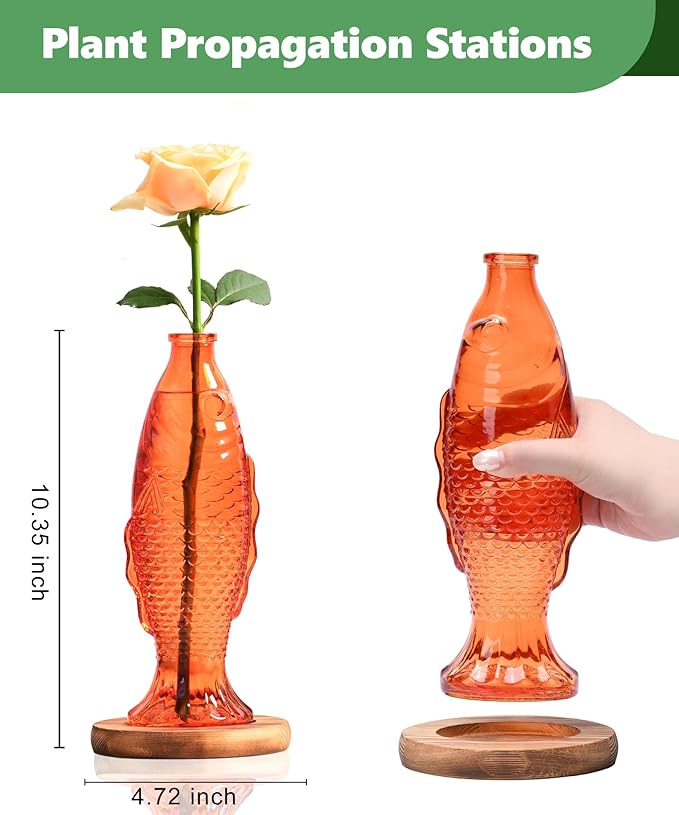 Nacome Fish Vase Propagation Stations: Glass Plant Terrarium with Wooden Stand for Home Office Desk Decor, Unique Gifts for Plant Lovers Women Mom (Orange)