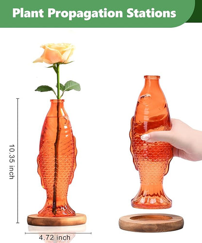 Nacome Fish Vase Propagation Stations: Glass Plant Terrarium with Wooden Stand for Home Office Desk Decor, Unique Gifts for Plant Lovers Women Mom (Orange)