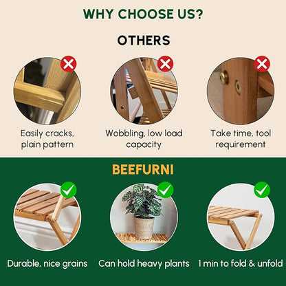 BEEFURNI Acacia Plant Stand Indoor, Wooden Outdoor Planter Stand, 3 Tier Succulent Shelf, Easy Assembly, Patio Balcony Sunroom Decor, Flower Garden Shelf, 1-year Manufacturer Warranty (Natural Wood)