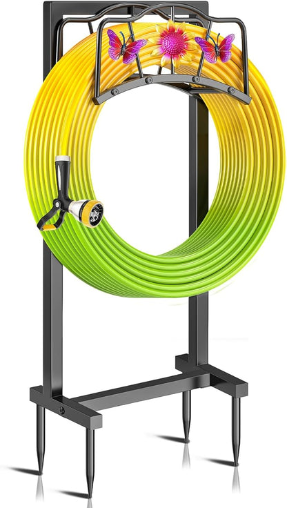 Garden Hose Holder, Heavy Duty Metal Water Hose Holders Stand with 4 Spikes, Freestanding Outdoor Water Pipe Storage Rack Hanger 150ft for Outside Yard Lawn Decor