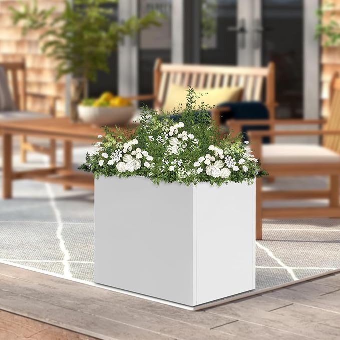 DYNAMI Square Planter Box,24x24x24in Steel Metal Planters Large Cube Plant Pot for Outdoors,Modern Heavy Duty Flower Pot for Patio, Deck, Yard, Garden (White, 24in)