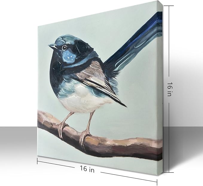 JolyWell Hand-Painted Bathroom Bird Decor Wall Art, Sparrow canvas Wall Picture,3D Effect Nature Poster painting Bluebird Artwork on Canvas for Kids Room Living Room Bedroom or Gift 12x12 in