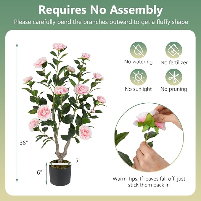 Goplus 36’’ Artificial Camellia Tree, Flower Plants Artificial Tree, Faux Floral Plant Blooming Tree in Nursery Pot, Greenery Potted Plant for Indoor Office Home Porch Decor, Pink