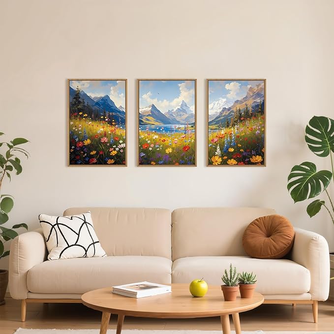 HOURIA Boho Vibrant Watercolor Wildflower & Snowy Mountain Framed Canvas Wall Art Set,Colorful Floral Landscape Decor,Modern Natural Field Scenery Artwork for Living Room,Bedroom,Farmhouse-24 x36 x3