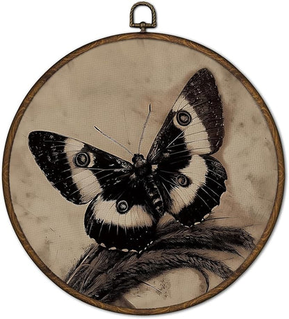 cvjutf Vintage Moody Butterfly Wall Art Decor Framed, Dark Academia Moth Antique Round Wall Decor, Rustic Cottagecore Butterfly Canvas Prints Art for Farmhouse Bedroom Living Room Gallery, 10x10 Inch