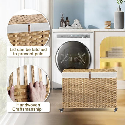 Rolling Storage Basket with Lid, 47.6 Gallon (180L) Storage Bin with Wheels, Woven Rattan Blanket Storage Basket with Handles, Foldable, Metal Frame, Removable Liner for Bedroom, Laundry Room, Natural