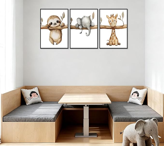 3Pcs Nursery Animal Wall Art Safari Nursery Picture Painting Jungle Animal Wall Decor Cute Elephant Sloth Giraffe Posters Prints Artwork for Boys Girls Baby Room Decoration 12x16in