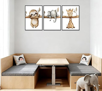3Pcs Nursery Animal Wall Art Safari Nursery Picture Painting Jungle Animal Wall Decor Cute Elephant Sloth Giraffe Posters Prints Artwork for Boys Girls Baby Room Decoration 12x16in