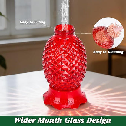 Glass Hummingbird Feeders for Outdoors Hanging Ant and Bee Proof 16OZ 2 Pack Red Pineapple Humming Bird Feeder with 6 Feeding Ports and Ant Moat Hummingbird Gifts for Women Garden Decor