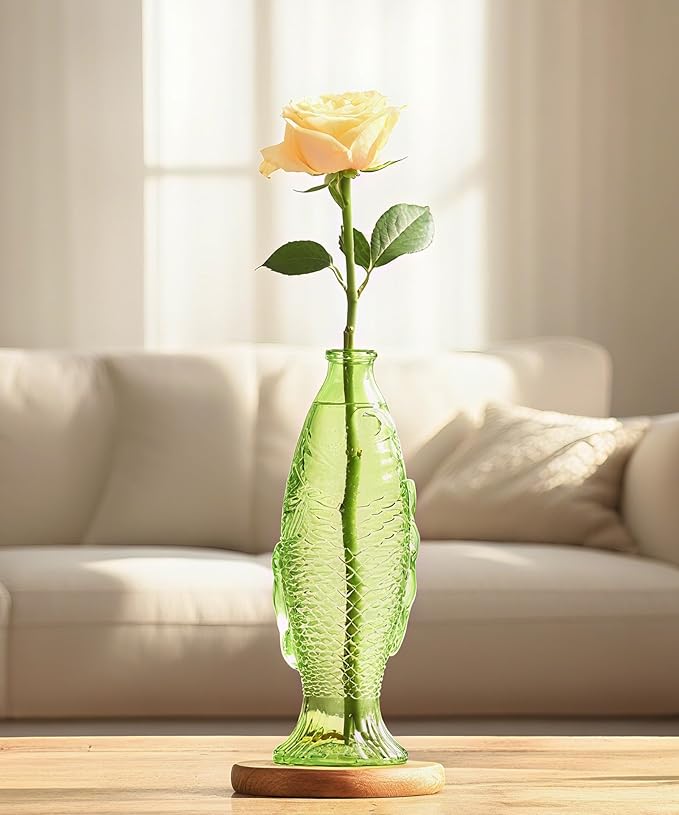 Nacome Fish Vase Propagation Stations: Glass Plant Terrarium with Wooden Stand for Home Office Desk Decor, Unique Gifts for Plant Lovers Women Mom (Green)