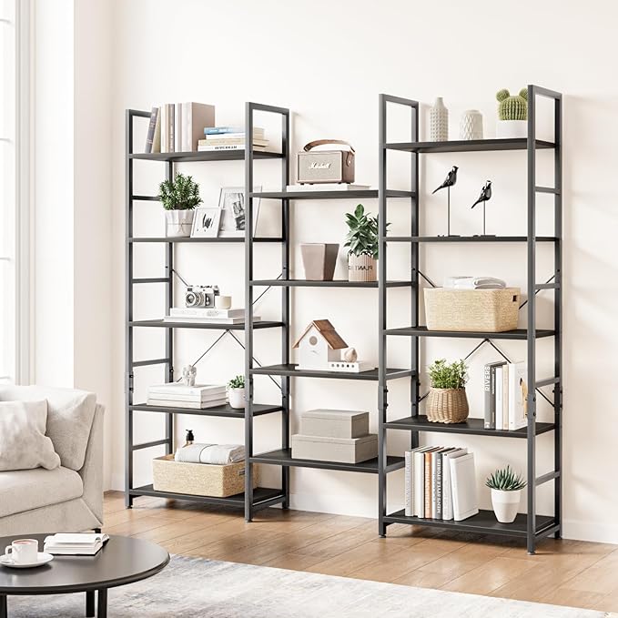 OTK Triple Wide 5 Tier Bookshelf, Rustic Industrial Style Bookcases with 14 Open Display Shelves, Wide Bookshelves for Bedroom, Living Room and Home Office, Black