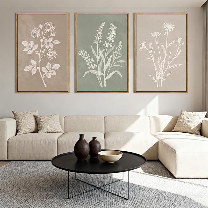 Anyzal Large Neutral Botanical Wall Art Boho Plant Artwork Farmhouse Floral Painting for Living Room Bedroom Dining Room 24x36 Inch Set of 3