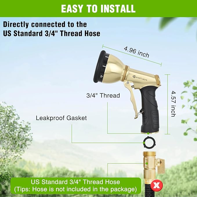 Yesker Garden Hose Nozzle, Water Hose Sprayer Nozzle Adjustable 9 Spray Patterns Heavy Duty Metal Water Nozzles for Hose Outdoor with Non-Slip Rubber Grip for Watering Plants Lawns Washing Cars Pets
