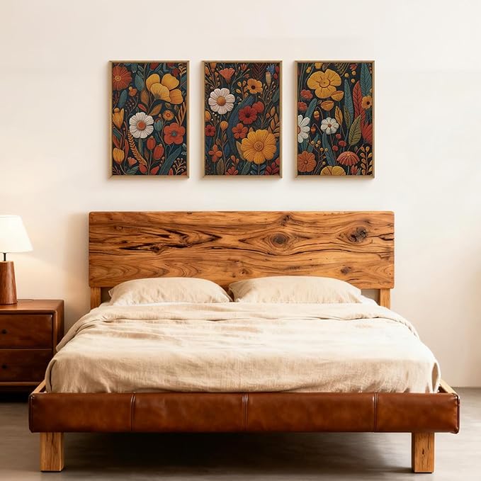 Vintage Orange Flower Framed Canvas Wall Art, Boho Abstract Floral Prints, Mid Century Botanical Flower Decor, Retro Neutral Plant Art Painting for Bedroom Living Room Office 16"x24"x3