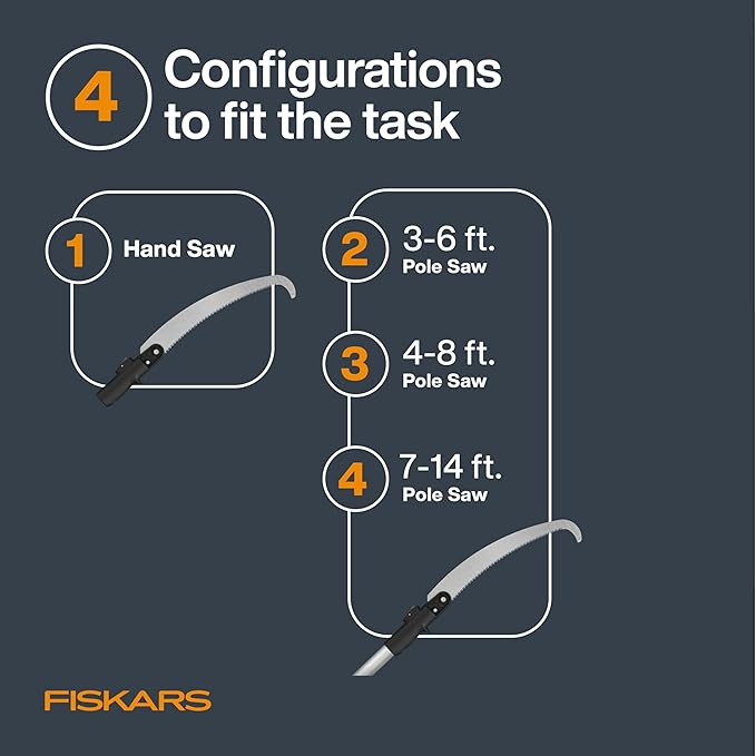 Fiskars XtendControl 14' Extendable Tree Pruner, Adjustable Pole Saw Branch Trimmer with 15" X2 Hook Bill Saw, 3-6' & 4-8' Extension Poles, and Secure Locking System for Precision Cutting