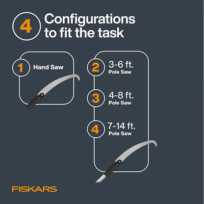 Fiskars XtendControl 14' Extendable Tree Pruner, Adjustable Pole Saw Branch Trimmer with 15" X2 Hook Bill Saw, 3-6' & 4-8' Extension Poles, and Secure Locking System for Precision Cutting