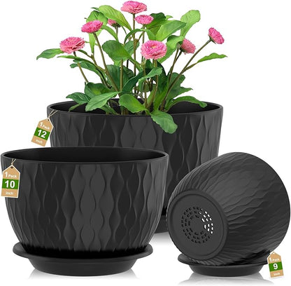 12/10/9 Inch Planter Pots, 3-Pack Large Flower Pots for Indoor Outdoor Garden Plants, Big Plant Pots with Multi Mesh Drainage Holes and Saucer (Black, 12"+10"+9")