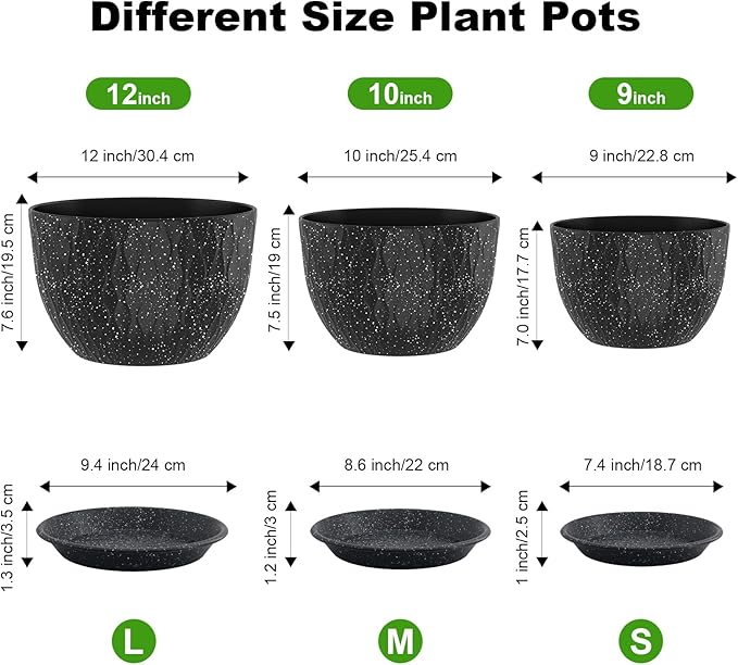 12/10/9 Inch Planter Pots, 3-Pack Large Flower Pots for Indoor Outdoor Garden Plants, Big Plant Pots with Multi Mesh Drainage Holes and Saucer (Speckled Black, 12"+10"+9")