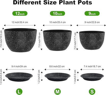 12/10/9 Inch Planter Pots, 3-Pack Large Flower Pots for Indoor Outdoor Garden Plants, Big Plant Pots with Multi Mesh Drainage Holes and Saucer (Speckled Black, 12"+10"+9")