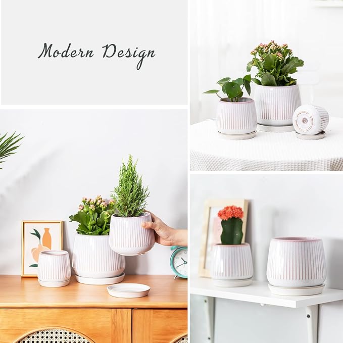 TAMAYKIM 7 + 5.5 + 4.25 Inch Ceramic Plant Pots with Drainage Hole and Ceramic Tray, Adorable Pink Flower Planter Pot Sets for Indoor Outdoor Plants, Succulent, Snake Plants, Cactus & Herbs, Set of 3