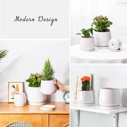TAMAYKIM 7 + 5.5 + 4.25 Inch Ceramic Plant Pots with Drainage Hole and Ceramic Tray, Adorable Pink Flower Planter Pot Sets for Indoor Outdoor Plants, Succulent, Snake Plants, Cactus & Herbs, Set of 3