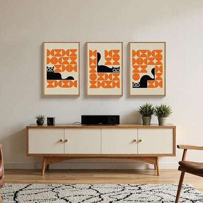 HOURIA Geometric Black Cat Framed Canvas Wall Art Set,Abstract Orange & Cream Wall Decor,Round Eyes Playful Kitten Wall Painting,Modern Animal Prints for Nursery,Living Room,Office - 16"x24"x3