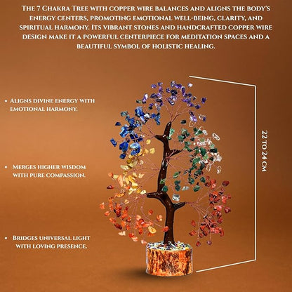 Seven Chakra Artificial Tree with Copper Wire – Crystal Healing Bonsai Tree for Positive Energy, Home Décor & Meditation
