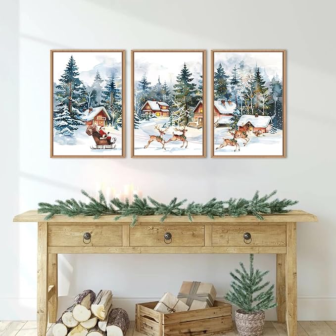 Ausril Christmas Santa Sleigh Deer Framed Canvas Wall Art Set, Reindeer Design Decor, Winter Snow Forest Tree Wall Painting, Christmas Art Print for Living Room, Bedroom, Office 24"x36"x3