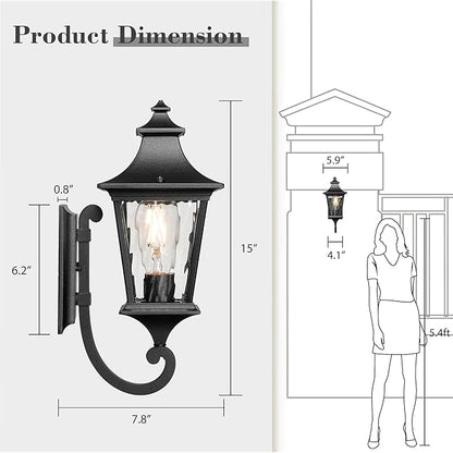 Emliviar 2 Pack Modern Outdoor Wall Sconces, 15" Exterior Lighting Fixtures with Water Ripple Glass for Porch, Black Finish, XE292UB-2PK-SW BK